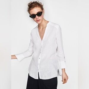Zara Basic White Button Down Shirt for Women,100% Linen,Size M,Made in Spain